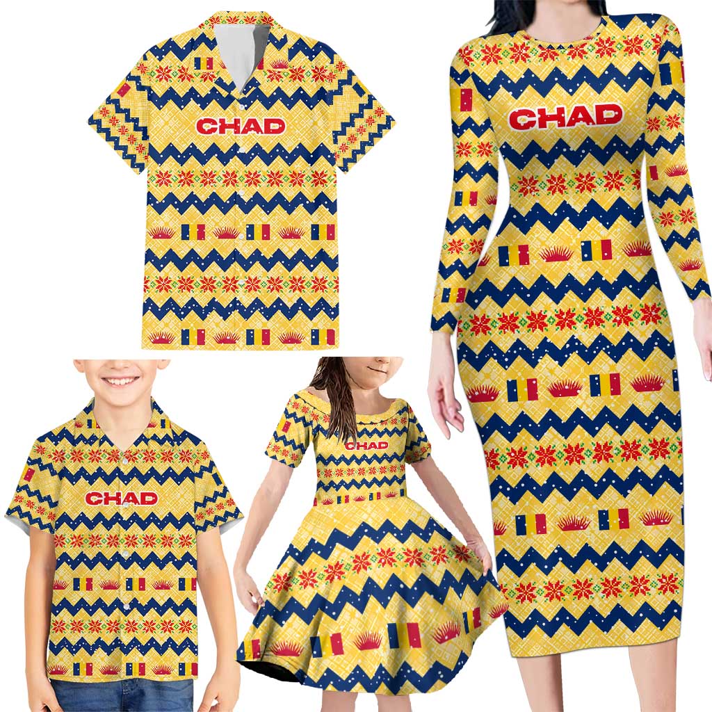 Chad Christmas Family Matching Long Sleeve Bodycon Dress and Hawaiian Shirt with Yellow-Blue Geometric Design, National Coat of Arms, and Festive Motif - Wonder Print Shop