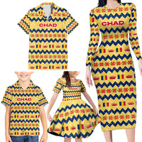 Chad Christmas Family Matching Long Sleeve Bodycon Dress and Hawaiian Shirt with Yellow-Blue Geometric Design, National Coat of Arms, and Festive Motif - Wonder Print Shop