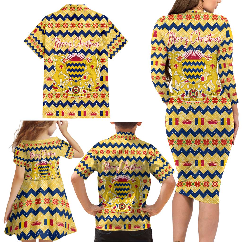 Chad Christmas Family Matching Long Sleeve Bodycon Dress and Hawaiian Shirt with Yellow-Blue Geometric Design, National Coat of Arms, and Festive Motif - Wonder Print Shop