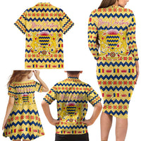 Chad Christmas Family Matching Long Sleeve Bodycon Dress and Hawaiian Shirt with Yellow-Blue Geometric Design, National Coat of Arms, and Festive Motif - Wonder Print Shop