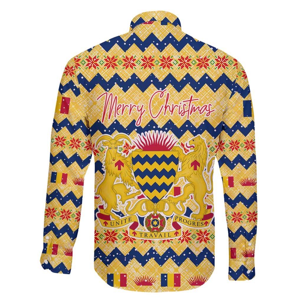 Chad Christmas Family Matching Long Sleeve Bodycon Dress and Hawaiian Shirt with Yellow-Blue Geometric Design, National Coat of Arms, and Festive Motif - Wonder Print Shop