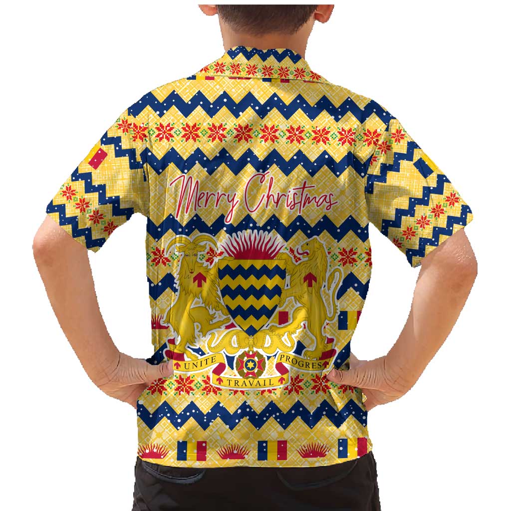 Chad Christmas Family Matching Mermaid Dress and Hawaiian Shirt with Yellow-Blue Geometric Design, National Coat of Arms, and Festive Motif - Wonder Print Shop