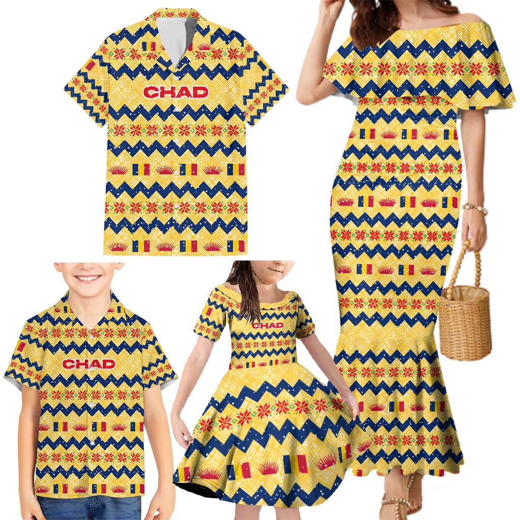 Chad Christmas Family Matching Mermaid Dress and Hawaiian Shirt with Yellow-Blue Geometric Design, National Coat of Arms, and Festive Motif - Wonder Print Shop