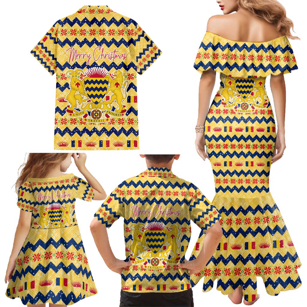 Chad Christmas Family Matching Mermaid Dress and Hawaiian Shirt with Yellow-Blue Geometric Design, National Coat of Arms, and Festive Motif - Wonder Print Shop