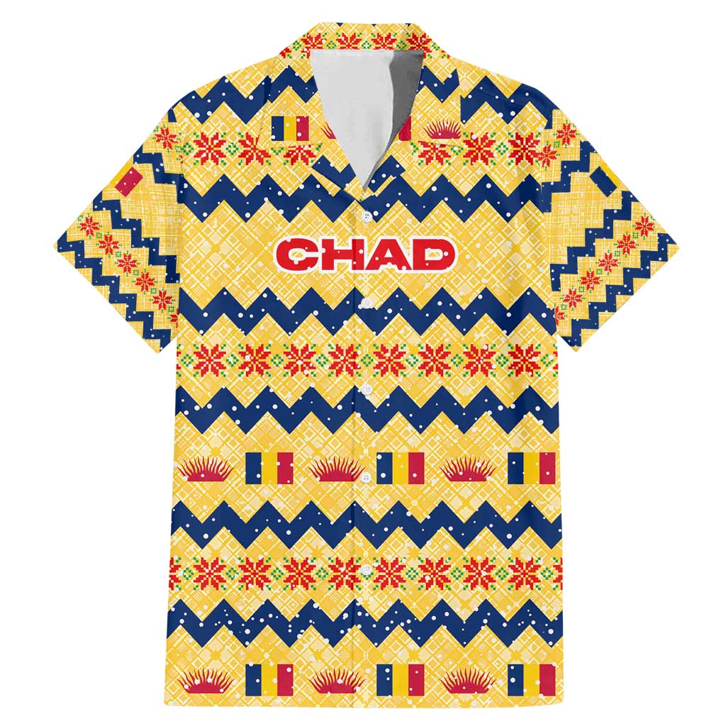 Chad Christmas Family Matching Mermaid Dress and Hawaiian Shirt with Yellow-Blue Geometric Design, National Coat of Arms, and Festive Motif - Wonder Print Shop