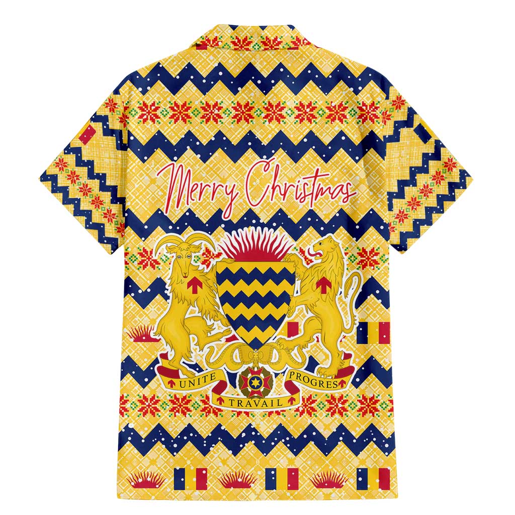 Chad Christmas Family Matching Mermaid Dress and Hawaiian Shirt with Yellow-Blue Geometric Design, National Coat of Arms, and Festive Motif - Wonder Print Shop