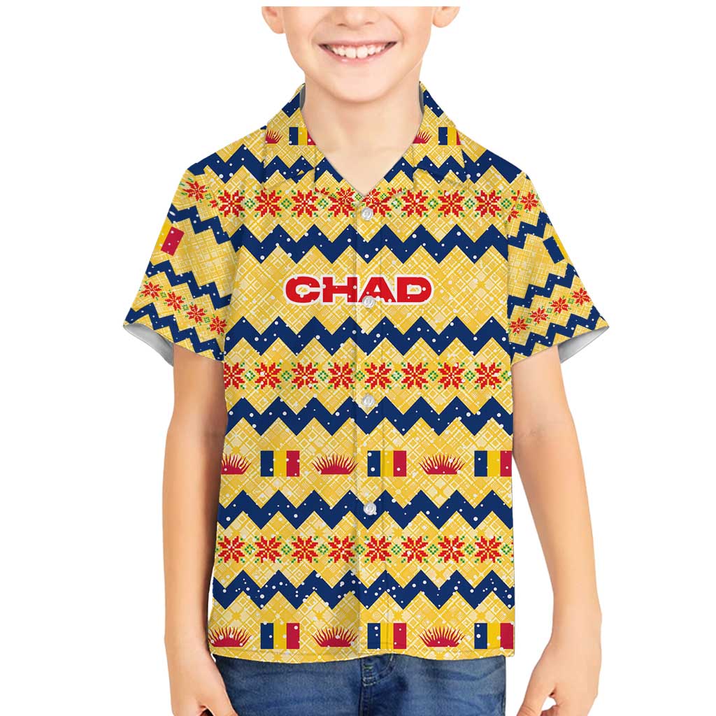 Chad Christmas Family Matching Mermaid Dress and Hawaiian Shirt with Yellow-Blue Geometric Design, National Coat of Arms, and Festive Motif - Wonder Print Shop