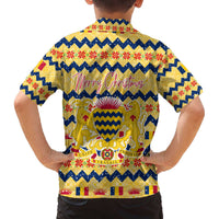 Chad Christmas Family Matching Off The Shoulder Long Sleeve Dress and Hawaiian Shirt with Yellow-Blue Geometric Design, National Coat of Arms, and Festive Motif - Wonder Print Shop