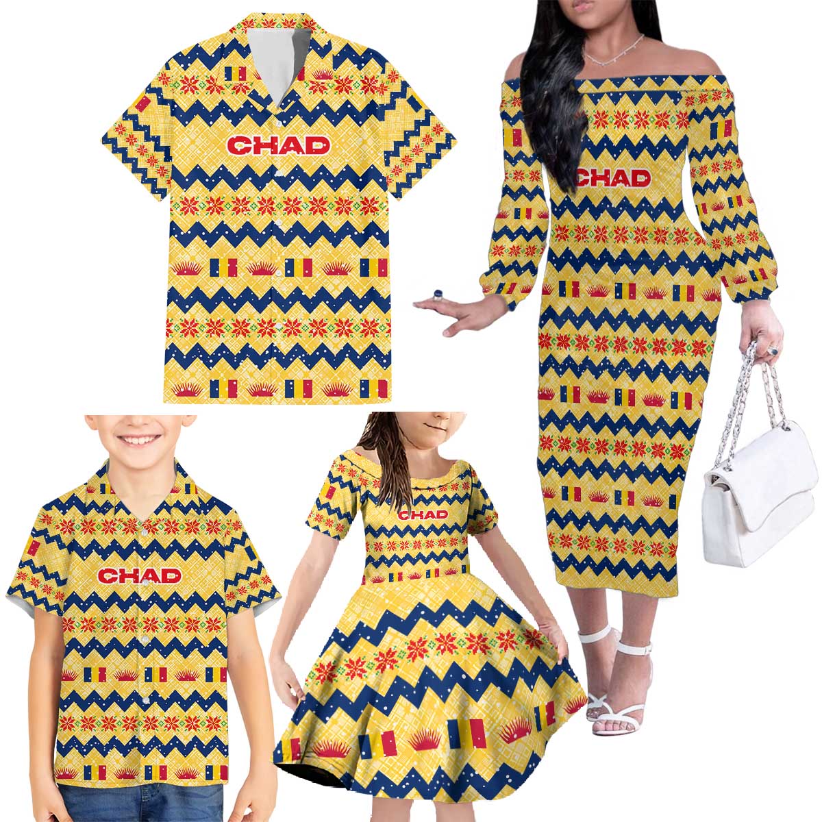 Chad Christmas Family Matching Off The Shoulder Long Sleeve Dress and Hawaiian Shirt with Yellow-Blue Geometric Design, National Coat of Arms, and Festive Motif - Wonder Print Shop