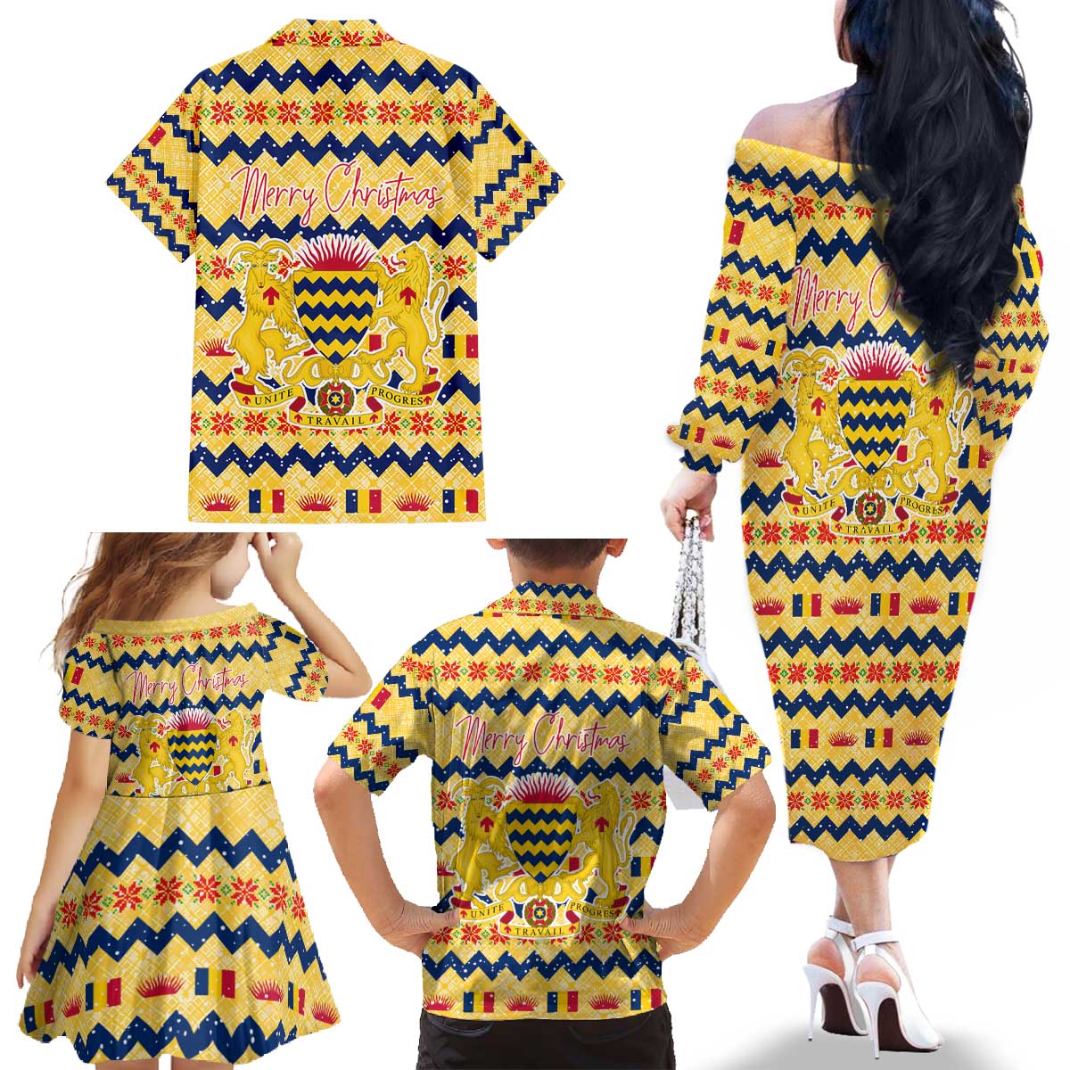 Chad Christmas Family Matching Off The Shoulder Long Sleeve Dress and Hawaiian Shirt with Yellow-Blue Geometric Design, National Coat of Arms, and Festive Motif - Wonder Print Shop