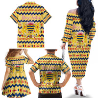 Chad Christmas Family Matching Off The Shoulder Long Sleeve Dress and Hawaiian Shirt with Yellow-Blue Geometric Design, National Coat of Arms, and Festive Motif - Wonder Print Shop
