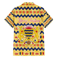 Chad Christmas Family Matching Off The Shoulder Long Sleeve Dress and Hawaiian Shirt with Yellow-Blue Geometric Design, National Coat of Arms, and Festive Motif - Wonder Print Shop