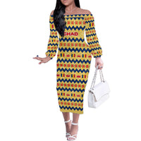 Chad Christmas Family Matching Off The Shoulder Long Sleeve Dress and Hawaiian Shirt with Yellow-Blue Geometric Design, National Coat of Arms, and Festive Motif - Wonder Print Shop