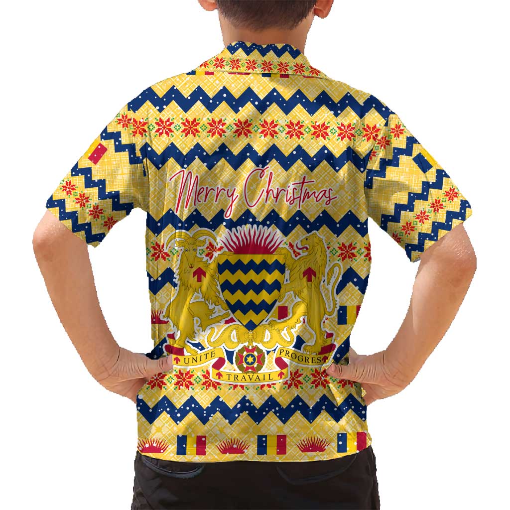 Chad Christmas Family Matching Off Shoulder Maxi Dress and Hawaiian Shirt with Yellow-Blue Geometric Design, National Coat of Arms, and Festive Motif - Wonder Print Shop