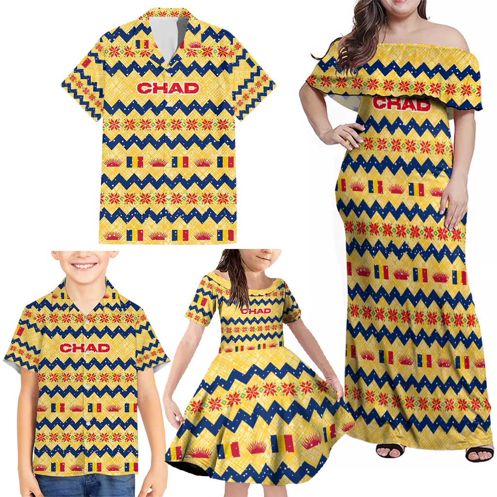 Chad Christmas Family Matching Off Shoulder Maxi Dress and Hawaiian Shirt with Yellow-Blue Geometric Design, National Coat of Arms, and Festive Motif - Wonder Print Shop