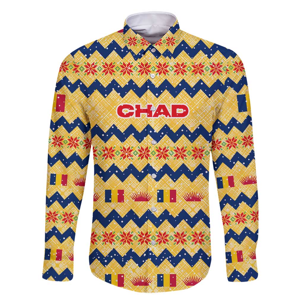 Chad Christmas Family Matching Off Shoulder Maxi Dress and Hawaiian Shirt with Yellow-Blue Geometric Design, National Coat of Arms, and Festive Motif - Wonder Print Shop