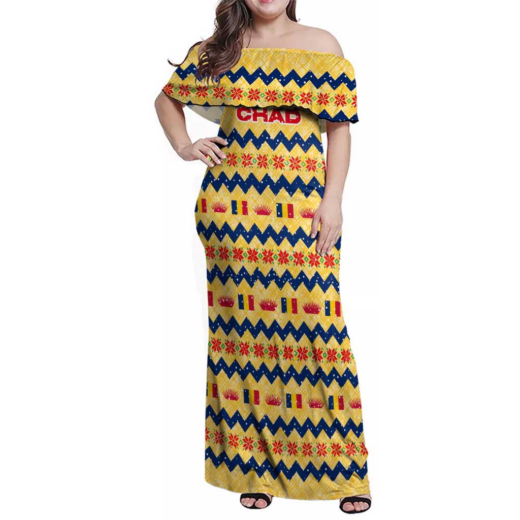 Chad Christmas Family Matching Off Shoulder Maxi Dress and Hawaiian Shirt with Yellow-Blue Geometric Design, National Coat of Arms, and Festive Motif - Wonder Print Shop
