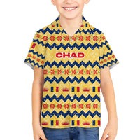Chad Christmas Family Matching Off Shoulder Maxi Dress and Hawaiian Shirt with Yellow-Blue Geometric Design, National Coat of Arms, and Festive Motif - Wonder Print Shop