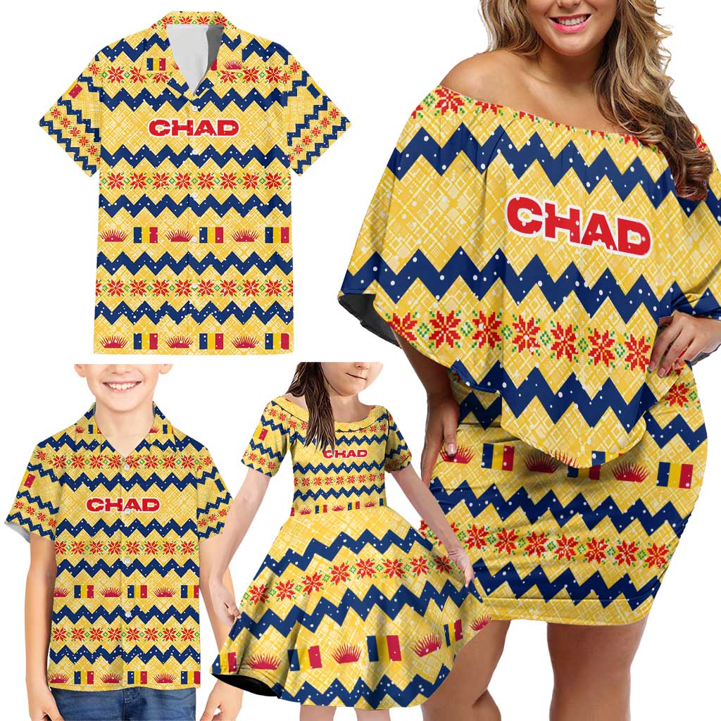 Chad Christmas Family Matching Off Shoulder Short Dress and Hawaiian Shirt with Yellow-Blue Geometric Design, National Coat of Arms, and Festive Motif - Wonder Print Shop