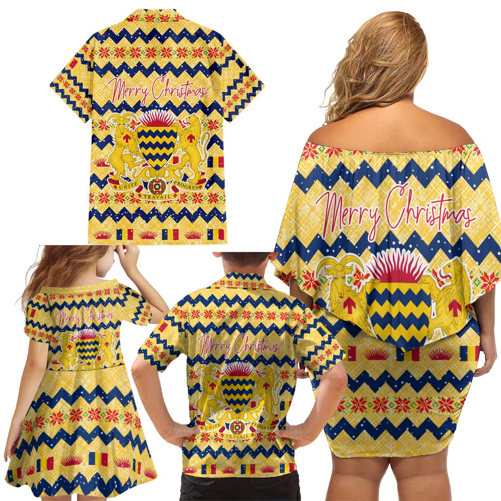 Chad Christmas Family Matching Off Shoulder Short Dress and Hawaiian Shirt with Yellow-Blue Geometric Design, National Coat of Arms, and Festive Motif - Wonder Print Shop