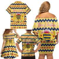 Chad Christmas Family Matching Off Shoulder Short Dress and Hawaiian Shirt with Yellow-Blue Geometric Design, National Coat of Arms, and Festive Motif - Wonder Print Shop