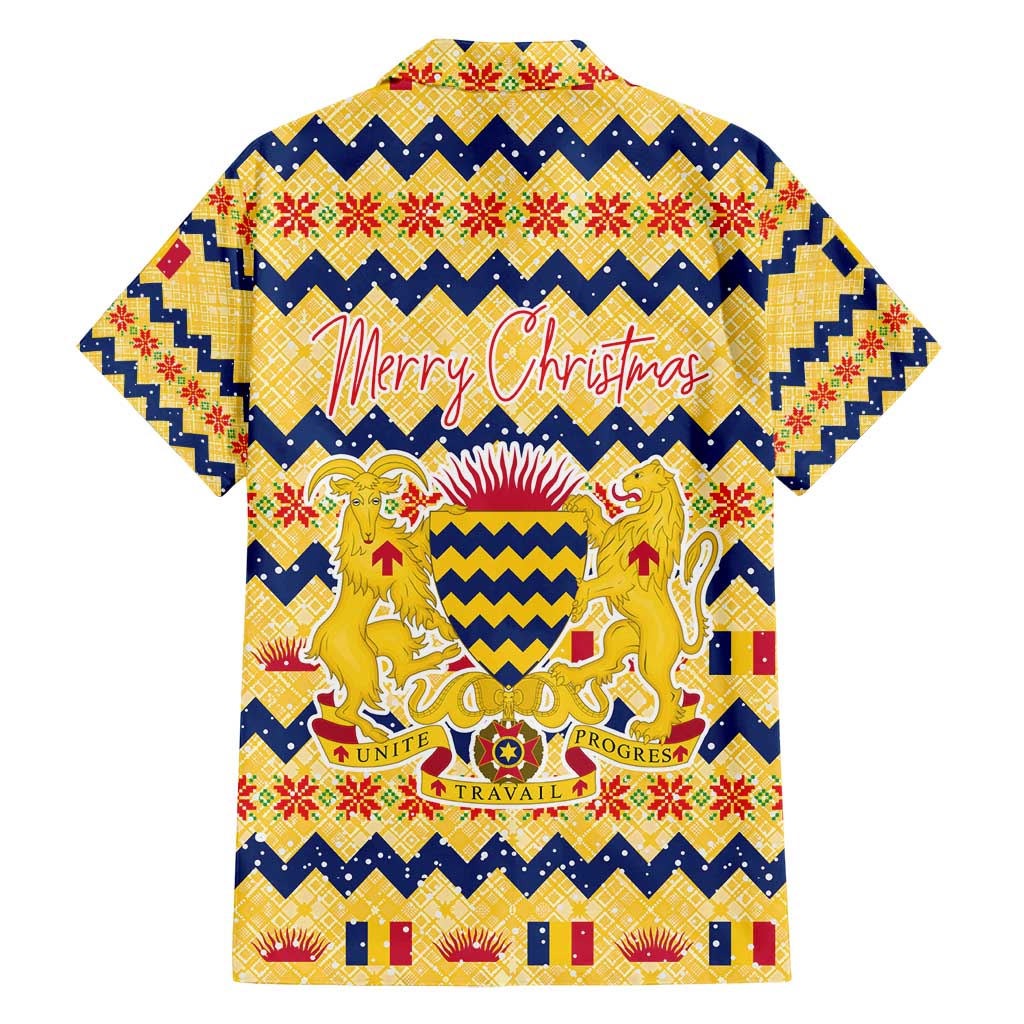 Chad Christmas Family Matching Off Shoulder Short Dress and Hawaiian Shirt with Yellow-Blue Geometric Design, National Coat of Arms, and Festive Motif - Wonder Print Shop