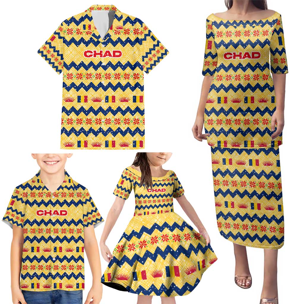 Chad Christmas Family Matching Puletasi and Hawaiian Shirt with Yellow-Blue Geometric Design, National Coat of Arms, and Festive Motif - Wonder Print Shop