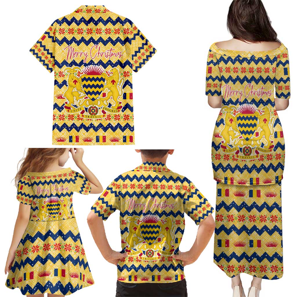 Chad Christmas Family Matching Puletasi and Hawaiian Shirt with Yellow-Blue Geometric Design, National Coat of Arms, and Festive Motif - Wonder Print Shop