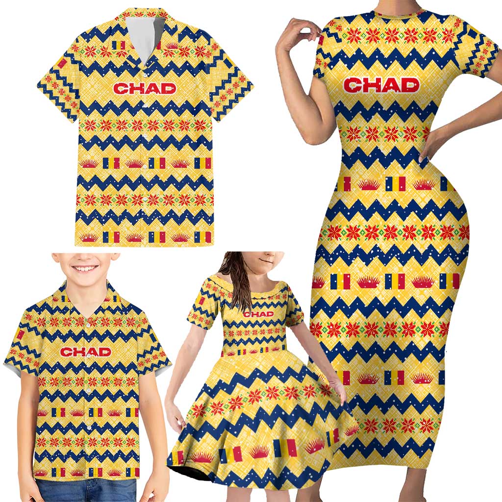 Chad Christmas Family Matching Short Sleeve Bodycon Dress and Hawaiian Shirt with Yellow-Blue Geometric Design, National Coat of Arms, and Festive Motif - Wonder Print Shop