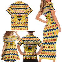 Chad Christmas Family Matching Short Sleeve Bodycon Dress and Hawaiian Shirt with Yellow-Blue Geometric Design, National Coat of Arms, and Festive Motif - Wonder Print Shop
