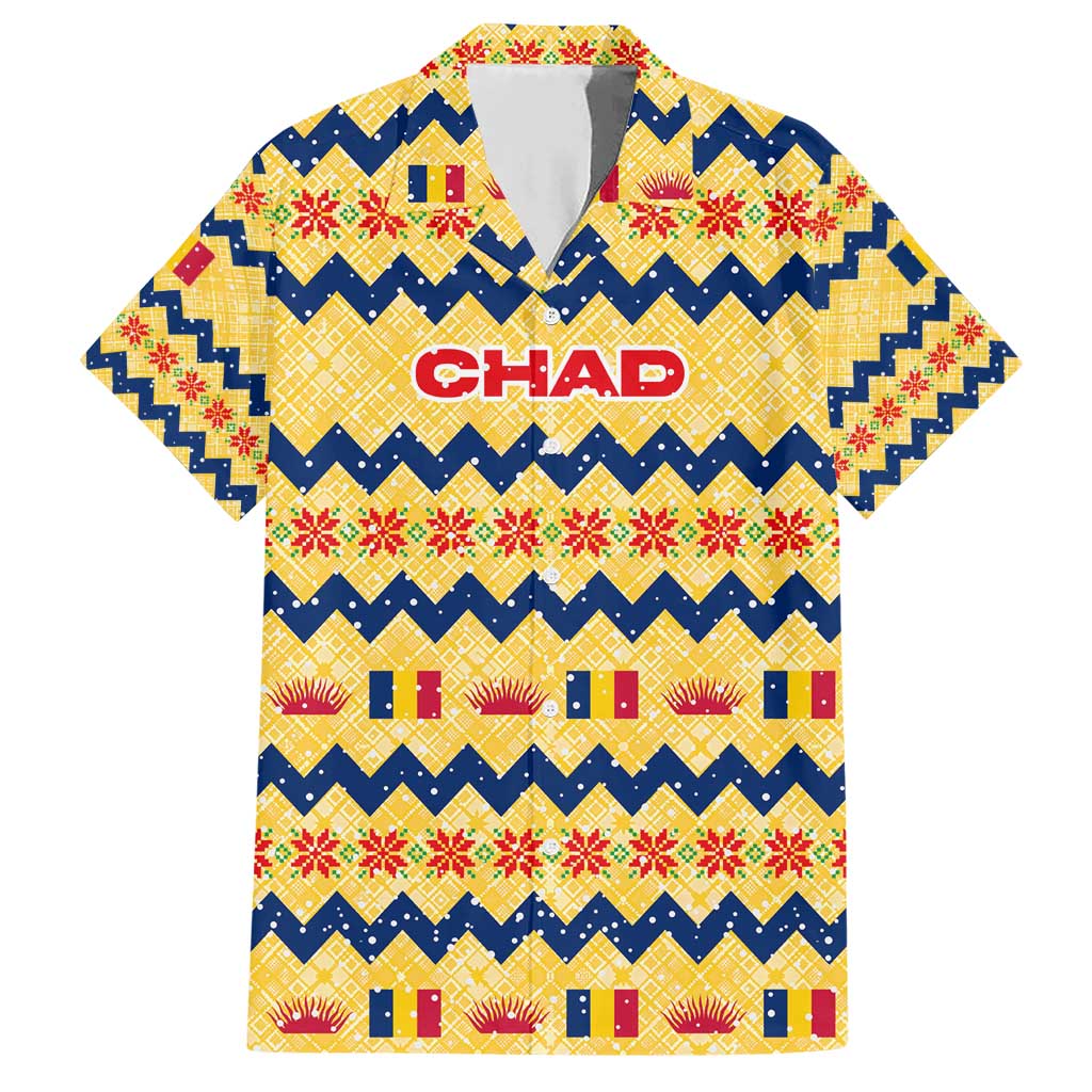 Chad Christmas Family Matching Short Sleeve Bodycon Dress and Hawaiian Shirt with Yellow-Blue Geometric Design, National Coat of Arms, and Festive Motif - Wonder Print Shop