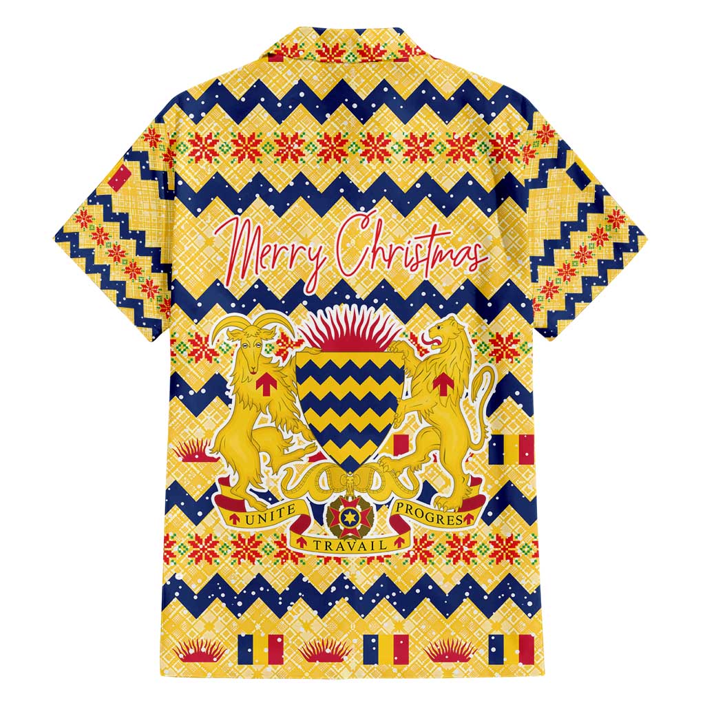 Chad Christmas Family Matching Short Sleeve Bodycon Dress and Hawaiian Shirt with Yellow-Blue Geometric Design, National Coat of Arms, and Festive Motif - Wonder Print Shop