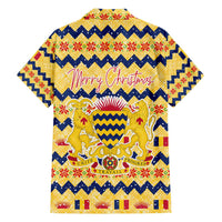 Chad Christmas Family Matching Short Sleeve Bodycon Dress and Hawaiian Shirt with Yellow-Blue Geometric Design, National Coat of Arms, and Festive Motif - Wonder Print Shop