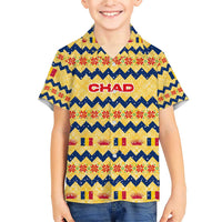 Chad Christmas Family Matching Short Sleeve Bodycon Dress and Hawaiian Shirt with Yellow-Blue Geometric Design, National Coat of Arms, and Festive Motif - Wonder Print Shop