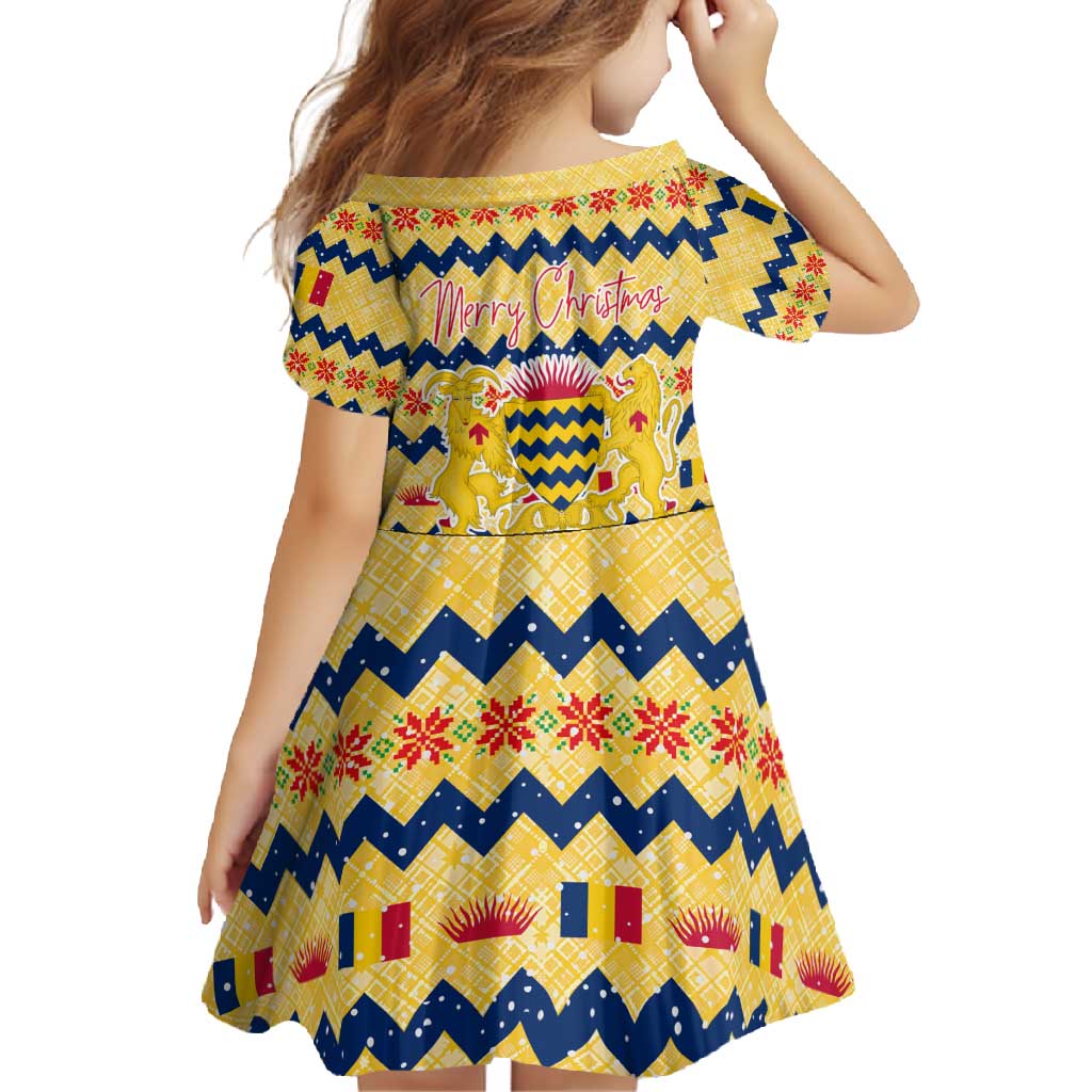 Chad Christmas Family Matching Summer Maxi Dress and Hawaiian Shirt with Yellow-Blue Geometric Design, National Coat of Arms, and Festive Motif - Wonder Print Shop