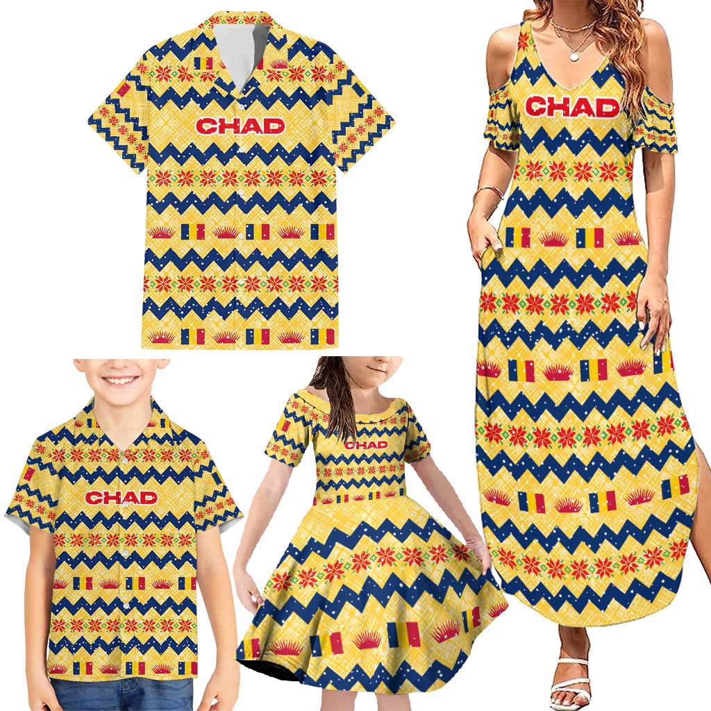 Chad Christmas Family Matching Summer Maxi Dress and Hawaiian Shirt with Yellow-Blue Geometric Design, National Coat of Arms, and Festive Motif - Wonder Print Shop