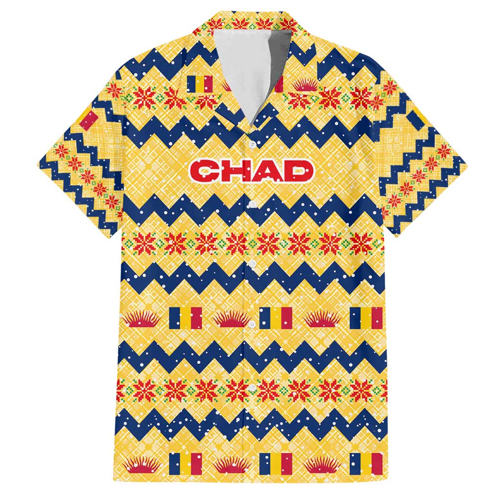 Chad Christmas Family Matching Summer Maxi Dress and Hawaiian Shirt with Yellow-Blue Geometric Design, National Coat of Arms, and Festive Motif - Wonder Print Shop