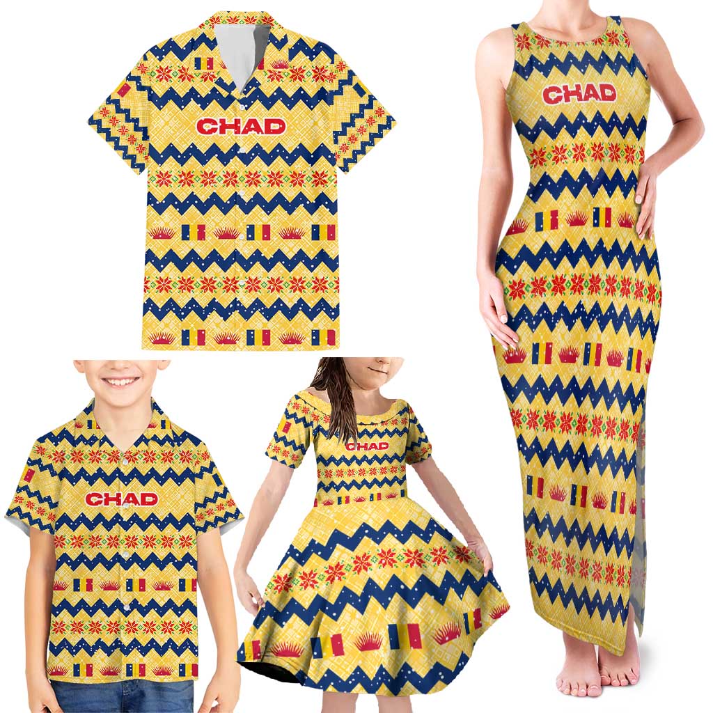 Chad Christmas Family Matching Tank Maxi Dress and Hawaiian Shirt with Yellow-Blue Geometric Design, National Coat of Arms, and Festive Motif - Wonder Print Shop