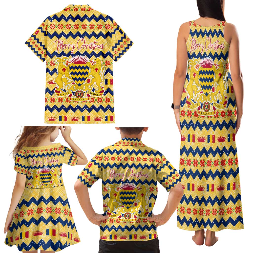 Chad Christmas Family Matching Tank Maxi Dress and Hawaiian Shirt with Yellow-Blue Geometric Design, National Coat of Arms, and Festive Motif - Wonder Print Shop