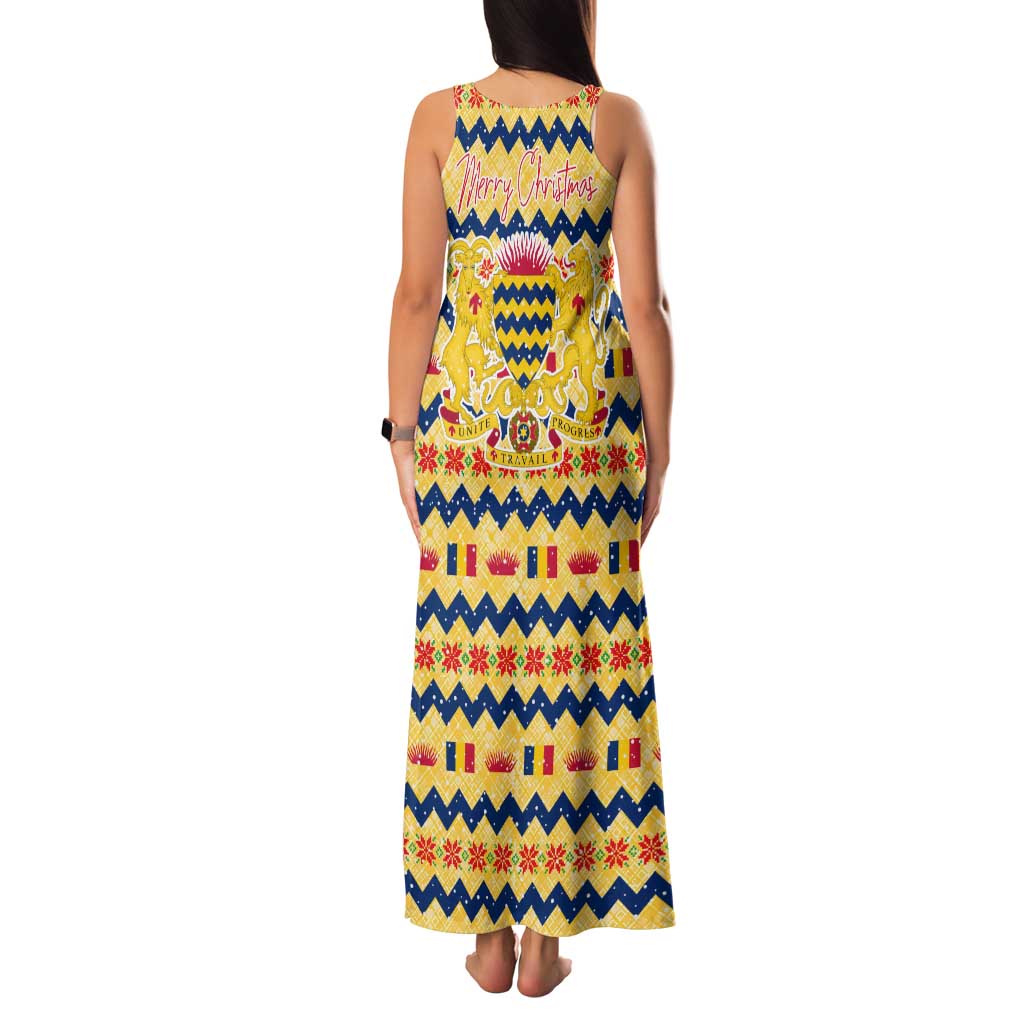 Chad Christmas Family Matching Tank Maxi Dress and Hawaiian Shirt with Yellow-Blue Geometric Design, National Coat of Arms, and Festive Motif - Wonder Print Shop