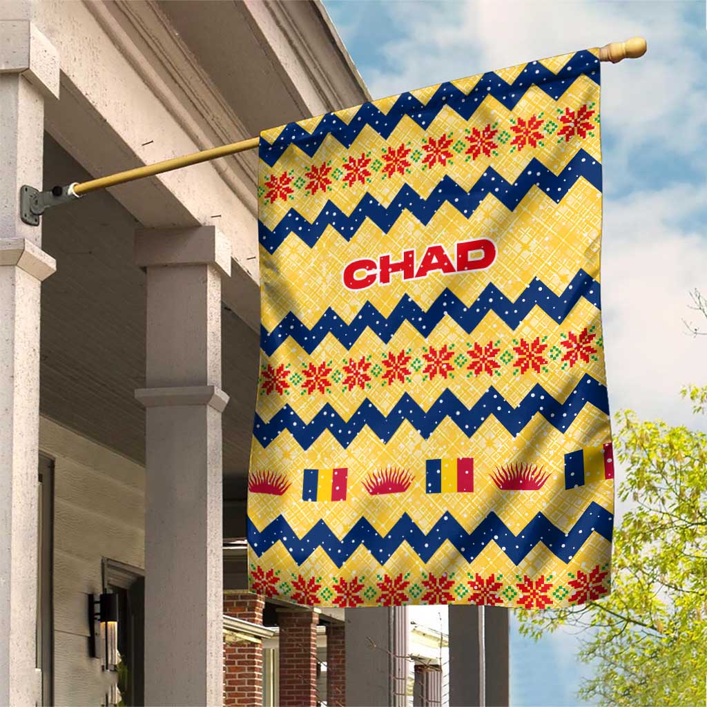 Chad Christmas Garden Flag with Yellow-Blue Geometric Design, National Coat of Arms, and Festive Motif - Wonder Print Shop