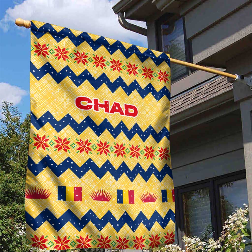 Chad Christmas Garden Flag with Yellow-Blue Geometric Design, National Coat of Arms, and Festive Motif - Wonder Print Shop