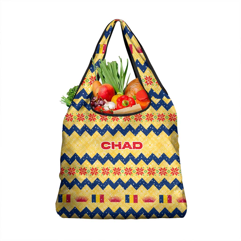 Chad Christmas Grocery Bag with Yellow-Blue Geometric Design, National Coat of Arms, and Festive Motif - Wonder Print Shop