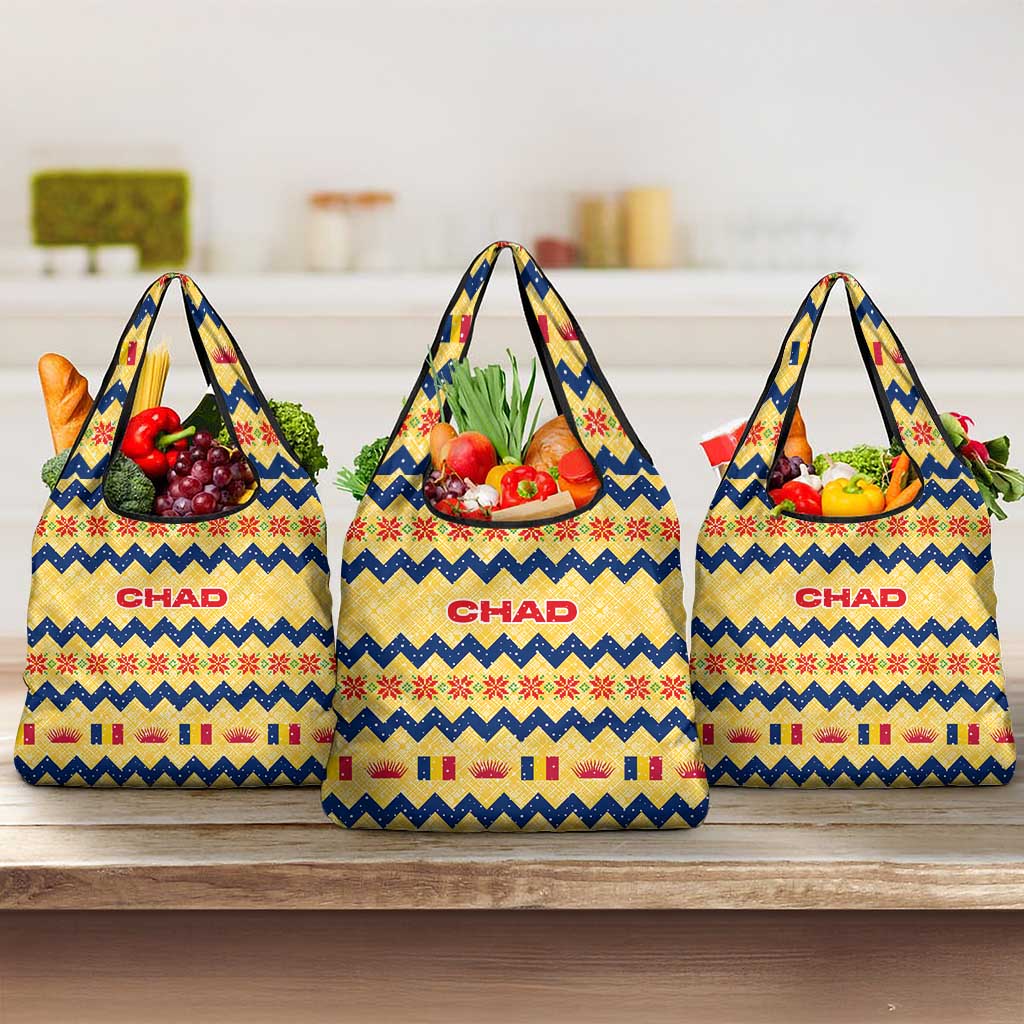 Chad Christmas Grocery Bag with Yellow-Blue Geometric Design, National Coat of Arms, and Festive Motif - Wonder Print Shop