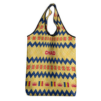 Chad Christmas Grocery Bag with Yellow-Blue Geometric Design, National Coat of Arms, and Festive Motif - Wonder Print Shop