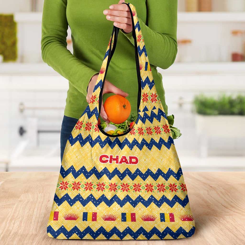 Chad Christmas Grocery Bag with Yellow-Blue Geometric Design, National Coat of Arms, and Festive Motif - Wonder Print Shop