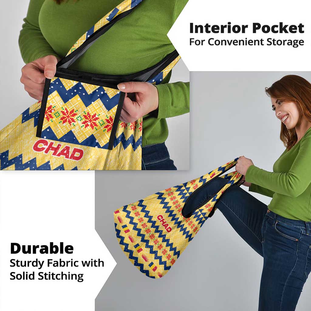 Chad Christmas Grocery Bag with Yellow-Blue Geometric Design, National Coat of Arms, and Festive Motif - Wonder Print Shop