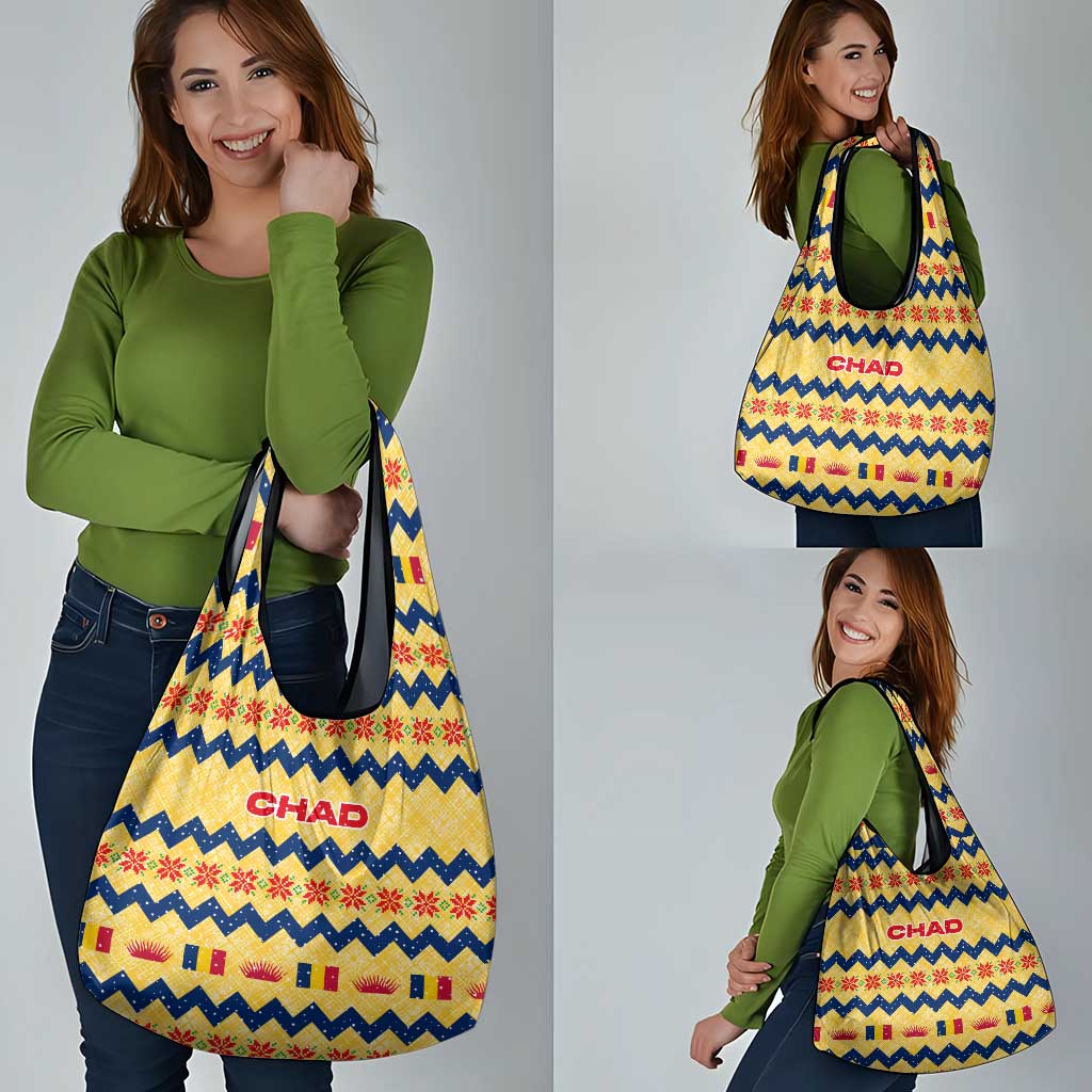 Chad Christmas Grocery Bag with Yellow-Blue Geometric Design, National Coat of Arms, and Festive Motif - Wonder Print Shop