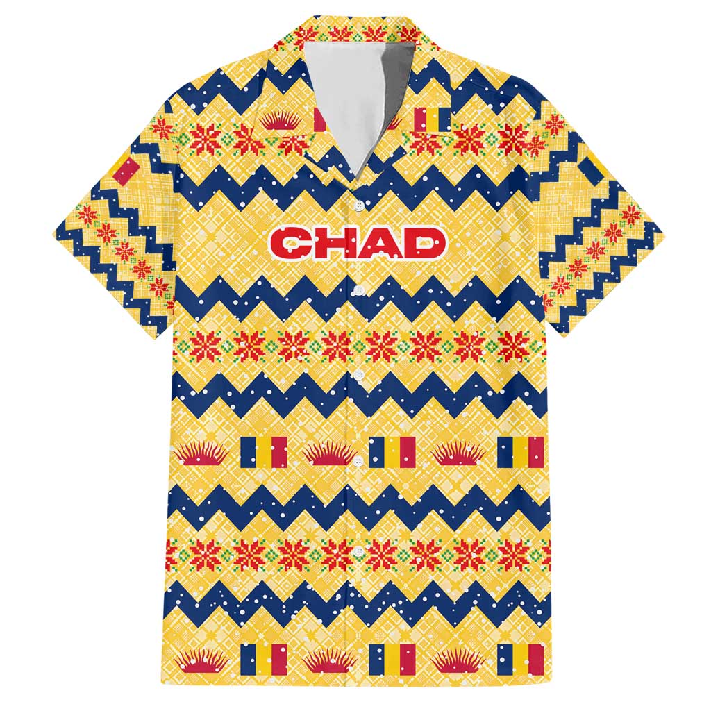 Chad Christmas Hawaiian Shirt with Yellow-Blue Geometric Design, National Coat of Arms, and Festive Motif - Wonder Print Shop
