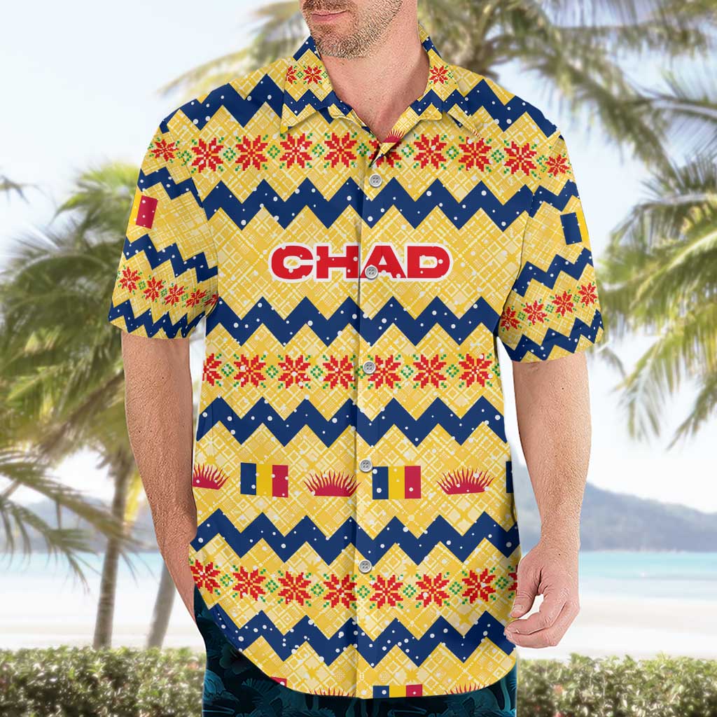 Chad Christmas Hawaiian Shirt with Yellow-Blue Geometric Design, National Coat of Arms, and Festive Motif - Wonder Print Shop